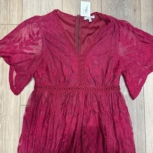 White Birch Deep Red Lace Long Sleeve Dress